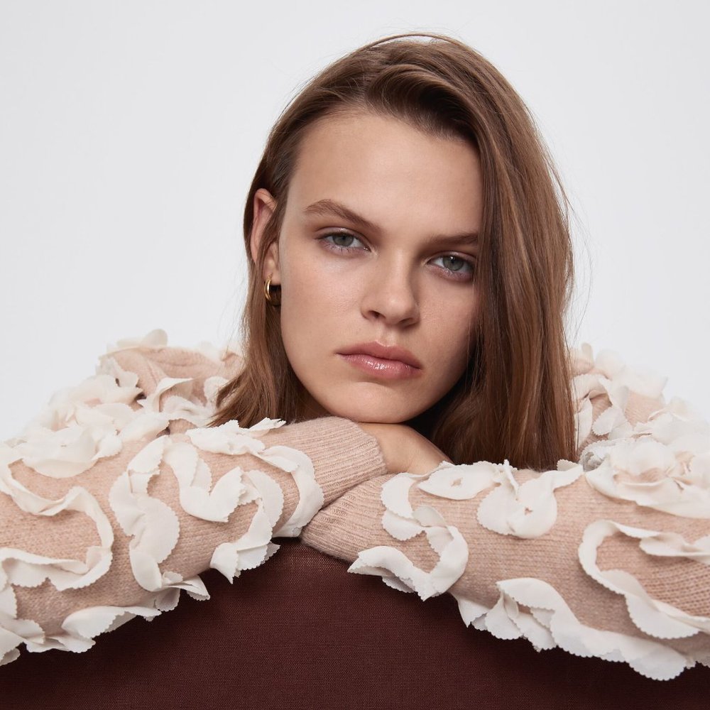 ZARA RIBBON ORGANZA CHIFFON DUSTY PINK KNIT CONTRASTING TRIM SWEATER $69.90 - Picture 4 of 14